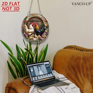 Detail eines flachen 2D-Acryl-Anhängers mit Bauernhofmotiven in Wohnzimmer-Ambiente