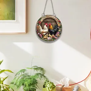 Nahaufnahme eines flachen 2D-Willkommensschilds mit Hühnerfamilie und floralem Gartenmuster