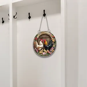 Detaillierter 2D-Acryl-Gartenanhänger mit Hahnenfamilien-Design und Metallkette