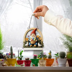 Flacher 2D Acryl-Gnom-Anhänger mit Sonnenblumen und Ostereiern an einer Metallkette