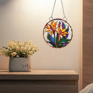 Flacher 2D-Wandbehang mit orangefarbenen Lilien im Mosaik-Stil aus buntem Bleiglasdekor