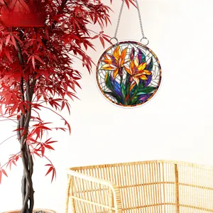 Detailliertes 2D-Flach-Acryl-Ornament mit bunten Lilien-Blumen im Glasmalerei-Stil