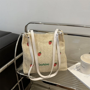 Women Strawberry Embroidery Straw Woven Tote Bag Fashion Letter Summer Beach Shoulder Bag Casual Commuter Handbag