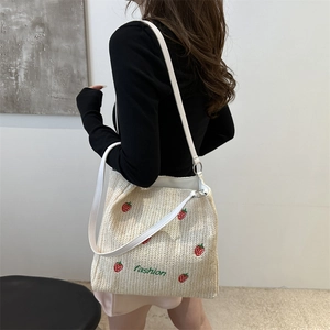 Fashionable woven tote bag with strawberry embroidery and white shoulder straps for summer