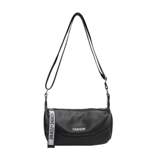 Minimalist black litchi grain crossbody bag with Fashion label and woven strap charm