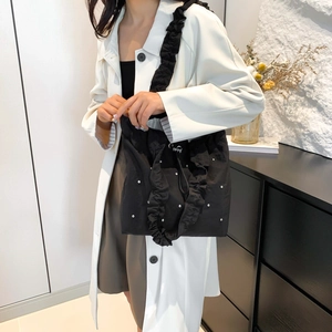 Fashion black ruffled tote bag with white polka dots and large capacity for women