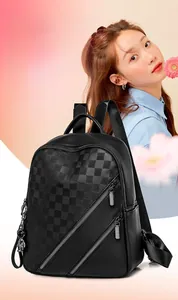 Detail of black PU leather backpack with checkered pattern and side pockets for travel