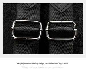 Detail of adjustable black nylon straps and silver metal buckles on a leather backpack
