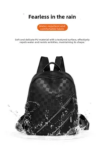 Water-repellent black PU leather backpack with a checkerboard pattern and smooth zippers