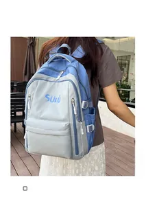 Detail of color-block backpack with adjustable side straps and SULU letter print