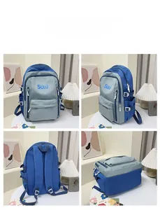 Detailed views of the retro blue-gray school backpack with multiple compartments and logo