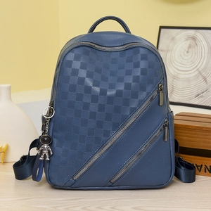 Blue checkerboard embossed PU leather backpack for women with astronaut charm and metal zippers