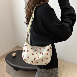 Chic cream corduroy dumpling bag with red strawberry embroidery for women