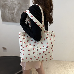 Women's Corduroy Strawberry Print Tote Bag Large Capacity Casual Shoulder Bag Sweet Student Handbag Daily Shopping Bag