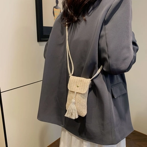 Handmade woven mini straw phone crossbody bag with tassel and gold button for women