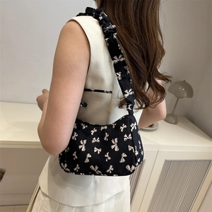 Women Nylon Underarm Bag With White Bow Print Ruched Shoulder Strap Korean Style Chic Zip Closure Handbag Sweet