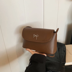 Women Fashion PU Leather Shoulder Bag With Metal Bow Decoration Knotted Strap Small Underarm Crossbody Bag Casual Square Satchel