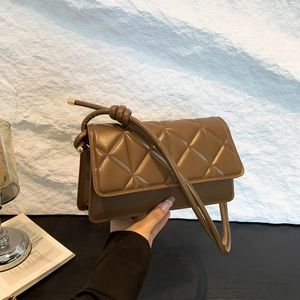 Trendy Quilted PU Leather Crossbody Bag For Women Geometric Pattern French Style Small Square Shoulder Bag With Knot Strap Fashion Minimalist Bag