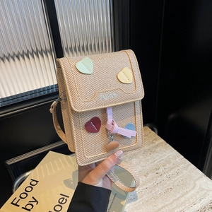 Women PU Leather Mini Crossbody Bag with Polyester Lining Heart Patch Sweet Ribbon Charm Casual Phone Pouch Shoulder Bag