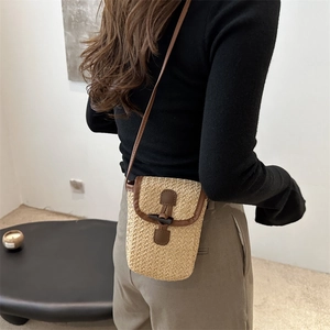 Summer straw woven mini phone crossbody bag with leather trim and horn button closure