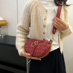 Red tweed dumpling bag with chain strap and gold ring zippers for women in 2025 style