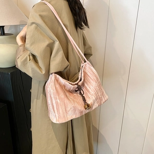 New Chinese Style Bamboo Leaf Pleated Velvet Tote Bag For Women Vintage Drawstring Large Capacity Fashion Shoulder Bag
