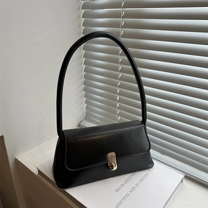 Women Minimalist PU Leather Underarm Bag Retro Baguette Shoulder Bag With Metal Lock Elegant Fashion Commute Small Square Bag