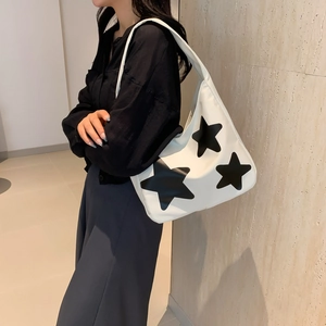 Women Fashion Canvas Star Print Shoulder Tote Bag Large Capacity Minimalist Hobo Bag College Student Daily Commuter Bag