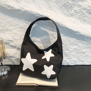 Fashionable black nylon star pattern tote bag with wide shoulder strap for women