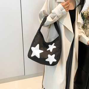 Trendy black nylon tote bag with white star prints and large capacity shoulder strap