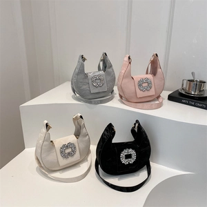 Minimalist crescent moon bag with rhinestone buckle in grey pink beige and black