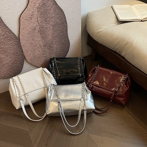 Sleek faux leather shoulder bags with metal chain straps in black, white, silver and wine red