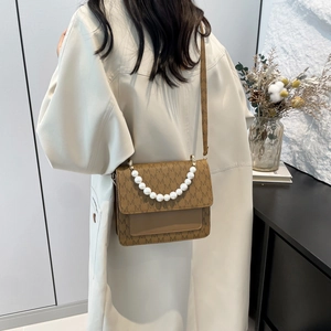 Retro brown monogram crossbody bag with pearl handle and leather strap for women