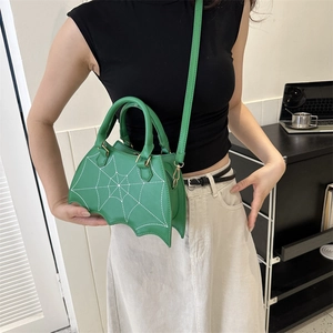 Bright green PU leather bat wing handbag with white spider web embroidery for Halloween