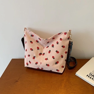 Women Corduroy Shoulder Bag Strawberry Print Large Capacity Tote Bag Ethnic Wide Strap Retro Daily Crossbody Bag