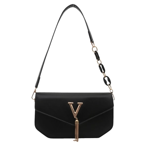 Elegant simple fashion black shoulder bag with gold V logo and chic chain strap for women.