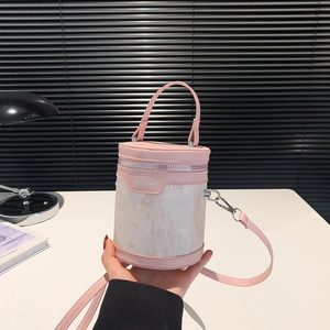 Mini Cylindrical Bucket Bag PU Leather Lace Embroidery Top Handle Crossbody Shoulder Purse Fashion Elegant For Women