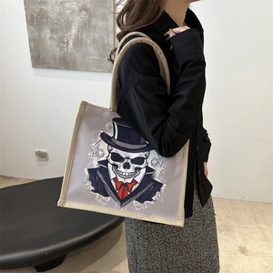 Gothic Skull Gentleman Print Canvas Tote Bag Large Capacity Jute Handle Shoulder Bag With Magnetic Buckle Inner Pocket Women Fashion Handbag