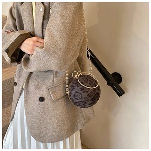 Detail of round leopard print crossbody bag with gold chain and metal handle