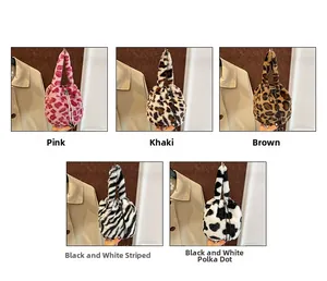 Plush faux fur drawstring bucket bags in leopard, zebra, and cow prints for winter