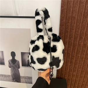 Fashion Women Plush Animal Print Bucket Bag Faux Fur Drawstring Handbag With Chain Strap Korean Style Winter Shoulder Bag