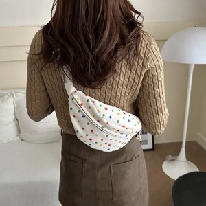 Chic autumn crescent sling bag with colorful polka dots for daily commute and stylish wear