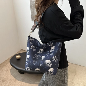 Women Gothic Skull Floral Print Large Capacity Shoulder Bag With Ethnic Wide Strap Street Vintage Nylon Tote Crossbody Bag