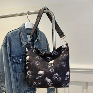 Large canvas crossbody bag with vintage skull floral print and ethnic wide strap