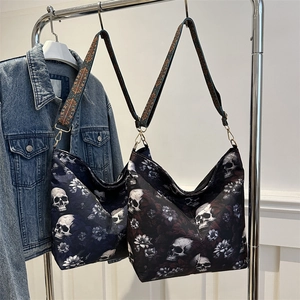 Large floral skull canvas tote bag with ethnic wide strap for casual daily commuting