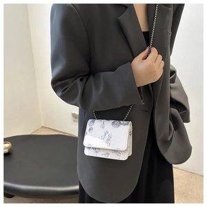 Detail of white crossbody bag with butterfly print and silver metal chain strap