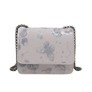 Fashionable mini crossbody square bag with silver butterfly star print and metal chain