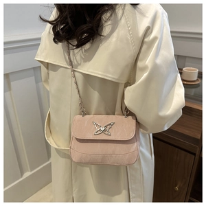 Detail of light pink crossbody bag with metal butterfly buckle and chain strap on model