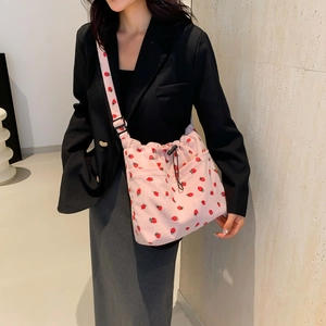 Women Corduroy Shoulder Bag With Cute Strawberry Print Adjustable Strap Versatile Crossbody Bag Casual Tote For Daily