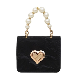 Mini black pleated faux leather handbag with pearl handle and golden heart clasp